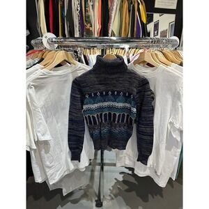 Vintage 1970s Organically Grown Turtleneck Geometric Acrylic Knit Blue Sweater L